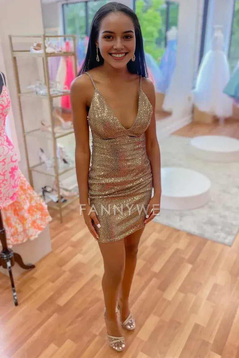 FannyWe Schlichtes, goldenes Paillettenkleid mit V-Ausschnitt und offenem Rücken, enges Homecoming-Kleid, Abendgarderobe